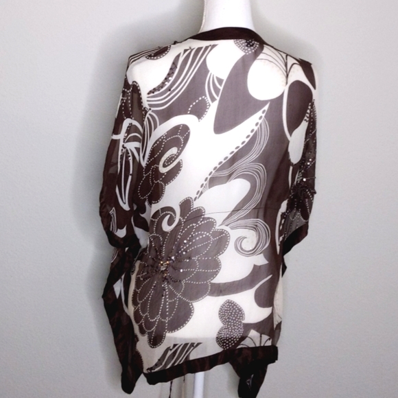 Bebe Silk Vintage 90s Sheer Cover Kimono Wrap Top Beaded Brown - Picture 2 of 8